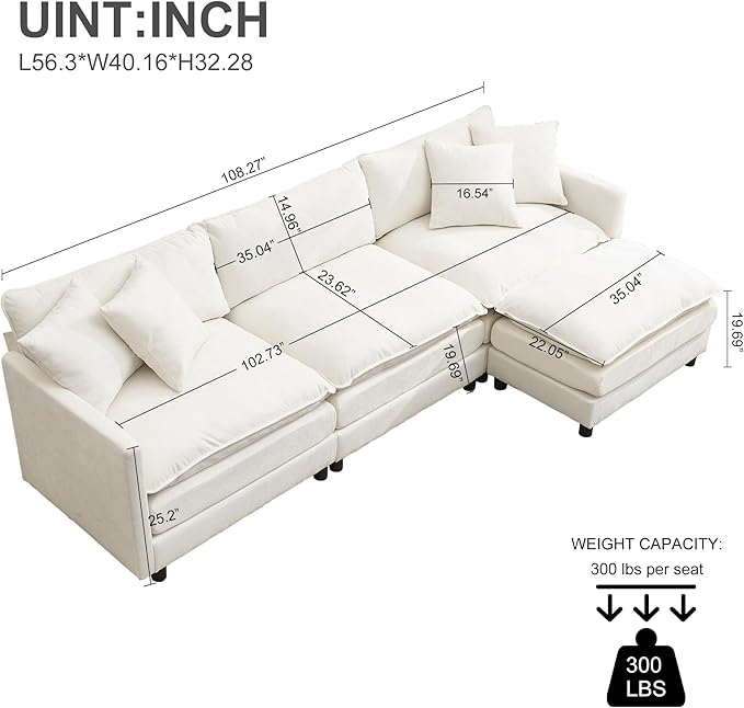 Modular Convertible Sectional Couch 4 Seat L Shaped Sofa Reversible Chaise Sectional Sofa Deep Seat Cloud Couch Chenille for Home Apartment Dorm (Cream White L Shaped)