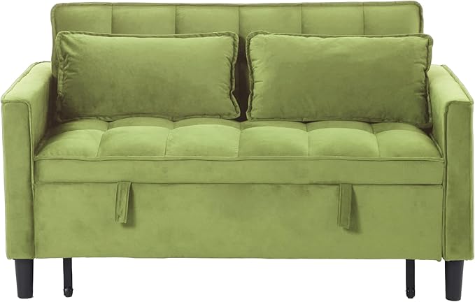 3 in 1 Convertible Sofa Bed Love Seat Sleeper Bed with Side Pockets Velvet Fabric Pull Out Couch with Adjustable Backrest for Living Room Bedroom Apartment Olive Green
