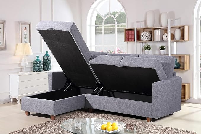 Sectional Sofa with Storage – Modern Upholstered Living Room Couch Reversible Chaise for Home Apartment Office 81.9” L Dark Grey
