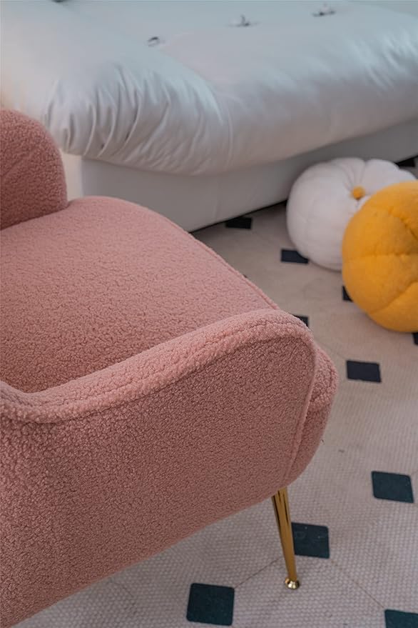 Modern Soft Green Teddy Fabric White Ergonomics Accent Chair Living Room Chair Bedroom Chair Home Chair with Gold Legs and Adjustable Legs Family Room Sofa Armchair Furniture for Indoor Home (Pink)