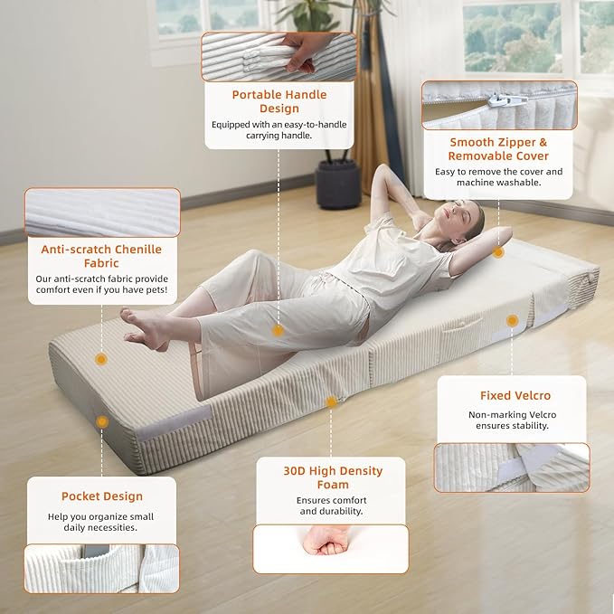 Cozy Folding Sofa Bed Convertible Sleeper Chair Couch Foldable Floor Mattress Comfy Portable Floor Sofa Lounge for Living Room Bedroom(77x26Beige White30D Density Foam) | Breathable Material