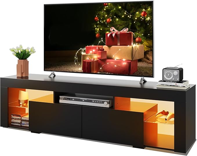WLIVE 63 inch TV Stand for 50 55 60 65 70 75 Inch TVs Modern Entertainment Center with LED Lights &amp 2 Large Storage Drawers TV Console Gaming Media Television Stands for Living Room Bedroom(Bla