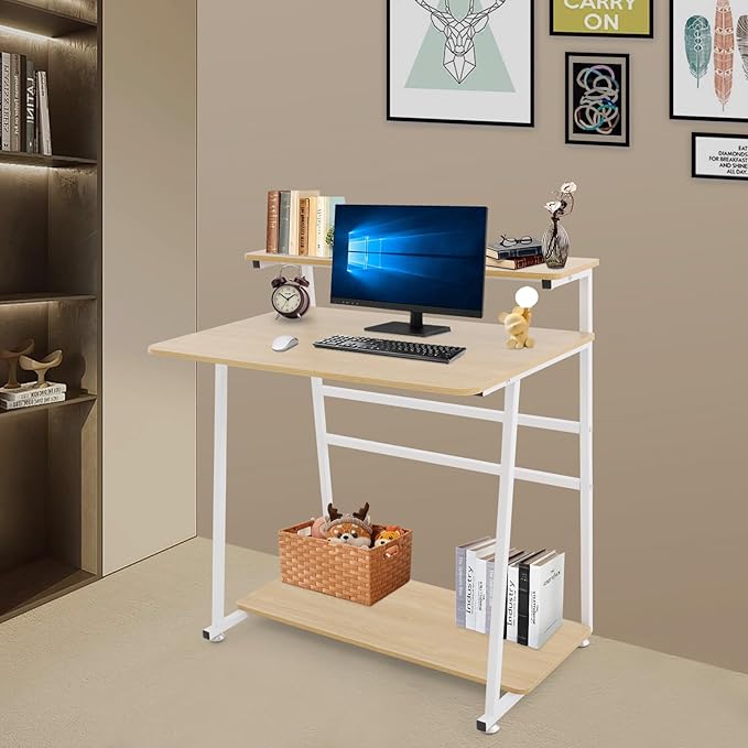 Small Office Mobile Computer Desk 3-Tier Laptop Table with Storage Shelves Tiny Computer Desk with Wheels for Home Office Bedroom Living Room Studio (Log Color+White)