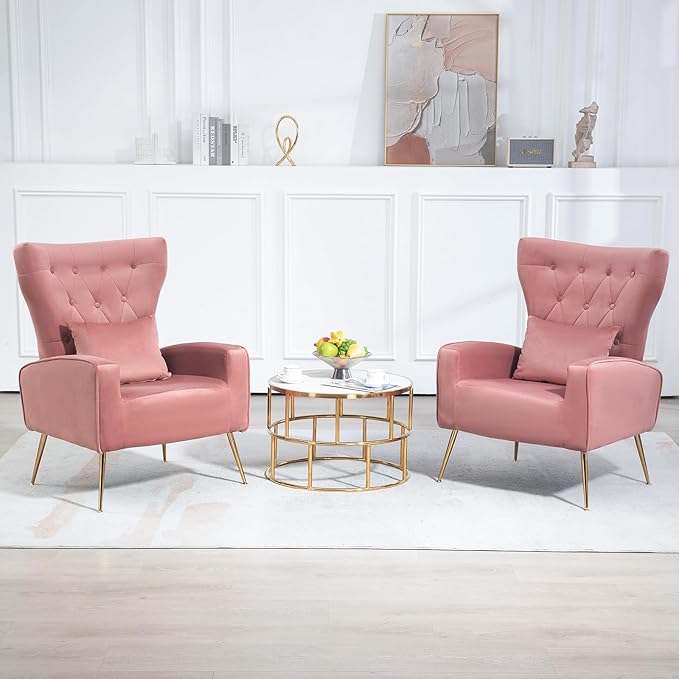 Button-Tufted Living Room Chairs Set of 2 WingBack Velvet Accent Chair Armchair with Lumbar Pillow Bedroom Chairs Vanity Chair Arm Chair with Golden Legs Pink