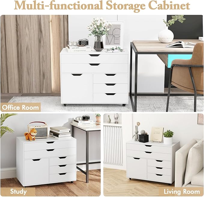 MAT EXPERT 5-Drawer Mobile File Cabinet w/Door Lateral Filing Cabinet w/5 Universal Wheels Rolling File Cabinets with Storage Modern Wood Printer Stand for Home Office Living Room Study (White)
