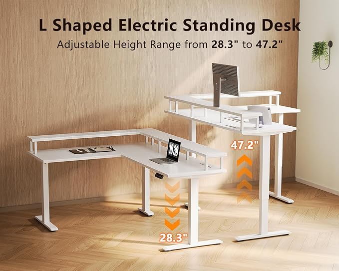 AODK Electric L Shaped Standing Desk 59 Inch Height Adjustable Stand Up Desk with Power Outlets ＆ Full Monitor Stand Reversible Corner Desk for Home Office ＆ Computer Workstation White