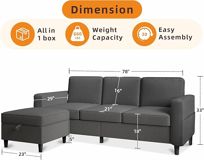 Sectional Sofa Couches for Living Room 78'' Dark Grey 3 Seater L-Shaped Couch with Storage Ottoman Comfy Fabric Convertible Sectionals Sofas with Chaise for Apartment Office Small Space