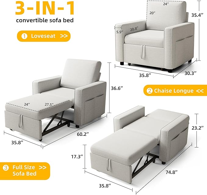 YITAHOME Convertible Sofa Chair Bed 3-in-1 Linen Fabric Sleeper with Pull-Out Bed Reclining Backrest &amp Wide Armrest Beige
