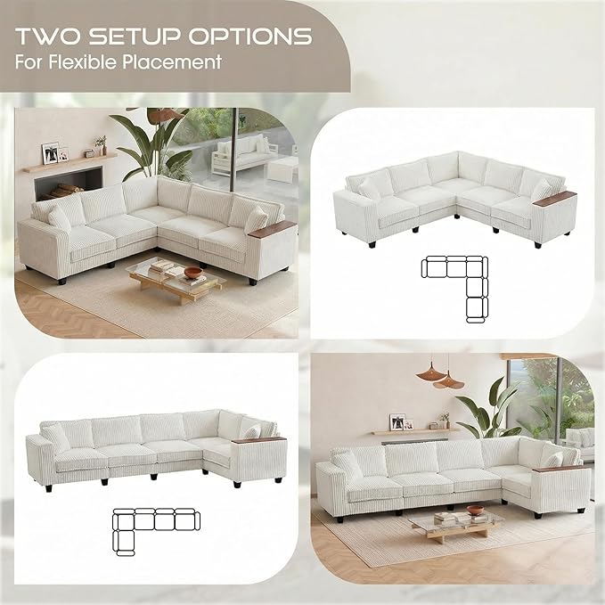 Corduroy Couch Sectional with 2 Pillows Oversized Corduroy Sofa L Shaped Couch Armrests with Two Hidden Storage Space Sectional Couches for Living Room Beige