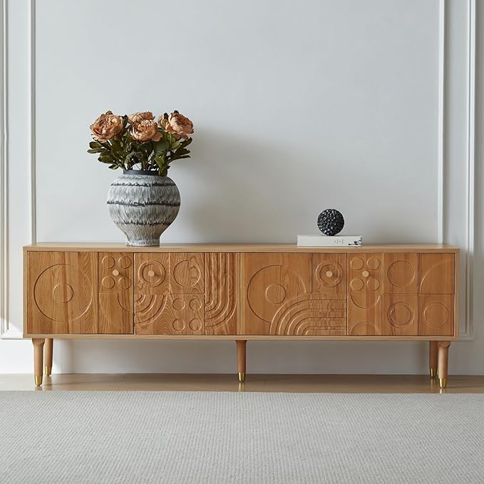 Modern TV Stand for 80 inch TV 70.9 Entertainment Center with Carved Geometric Doors TV Console with 4 Cabinet Storage Retro Art-Inspired Media Console for Living Room/Bedroom - Wood