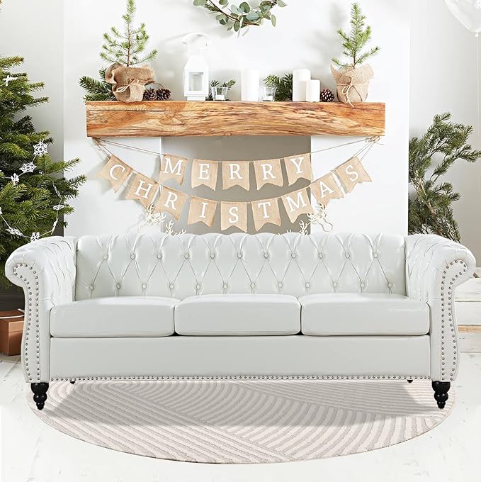 White Sofas for Living Room Faux Leather Chesterfield Sofa 84 Rolled Arm 3-Seater Couch Sofa with Button Nailhead Upholstered Sofa Furniture Easy to Assemble (White)