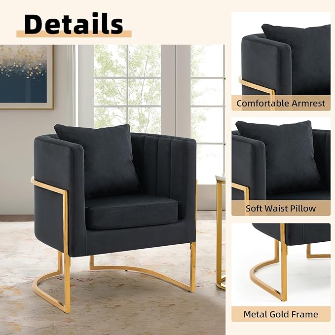 Velvet Modern Accent Chair Upholstered Barrel Armchair Mid Century with Pillow for Living Room Comfy Single Vanity Chair with Metal Gold Legs for Bedroom Black