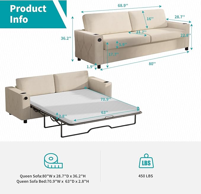 BALUS 2-in-1 Queen Size Pull Out Sofa Bed Velvet Convertible Sleeper Sofa Couch with Memory Foam Mattress Modern Pull Out Couch with 2 Cup Holders and USB Charging Ports for Living Room Beige