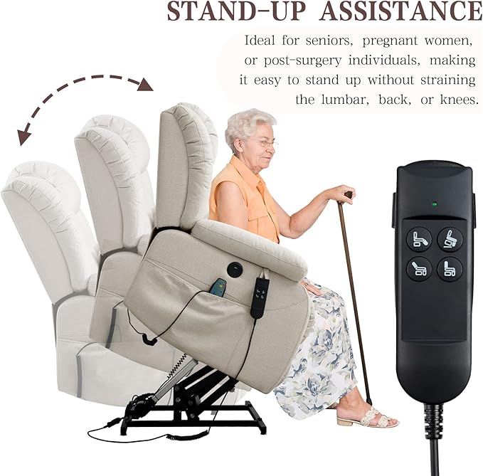 Infinite Position Lay Flat Lift Recliner Chair for Adults Dual Motor Power Lift Chair for Elderly with Massage &amp Heating USB Ports Remote Control &amp Lumbar Pillow Linen Fabric (Ivory)