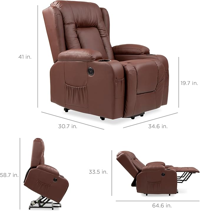 Best Choice Products PU Leather Electric Power Lift Chair Recliner Massage Chair Adjustable Furniture for Back Legs w/ 3 Positions USB Port Heat Cupholders Easy-to-Reach Side Button - Brown