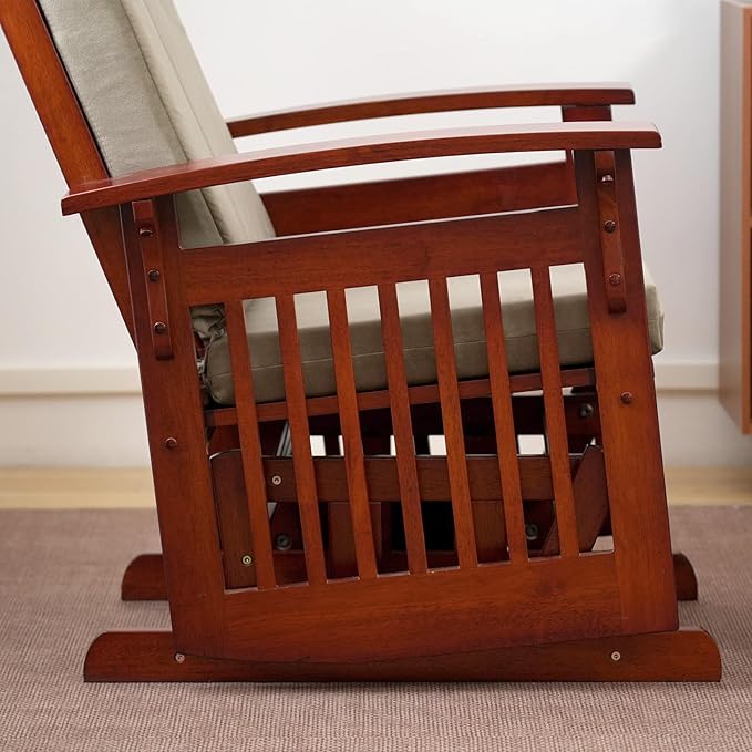 Solid Wood Glider Rocking Chair and Ottoman Set Rustic Nursery Glider Rocker with Padded Cushion Smooth Rocking Motion Indoor Living Room NursingNappingReading Brown