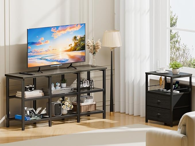 Furologee TV Stand 43 Inch Entertainment Center with 3-Tier Storage Shelves Industrial Media Console Table for TVs up to 50 Inch Television Stands for Living Room Bedroom Light Black Oak