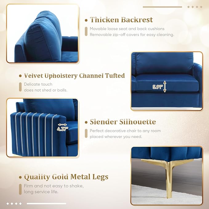 Small Couch for Bedroom 65 Mid Century Modern Loveseat Sofa Love Seat Living Room Comfy Channel Tufted Velvet Upholstered 2 Seater Sectional Couches for Small Space Office Apartment (Navy Blue)