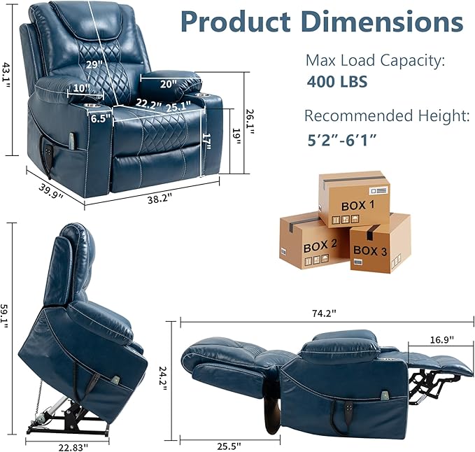 Oversized Power Lift Recliner Chair for Big and Tall Elderly 25 Extra Wide Electric Recliner Chair Living Room Sofa with Massage Heating Dual Motor Leather Home Theater Seat Blue