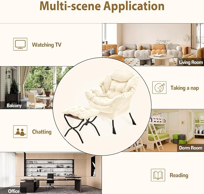 Lazy Chair with Folding Ottoman Accent Chair Velvet Upholstered with Metal Structure and Non-Slip Pads Sofa Armchair with Footrest and Side Storage Bag for Dorm Room Office Beige