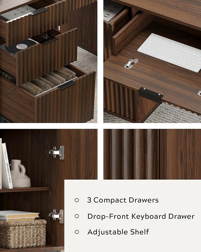 55 Large Fluted Executive Desk with Charging Station Computer Desk with Storage Cabinet and File Drawer Modern Wooden Home Office Desk for Workspace Writing Study Brown