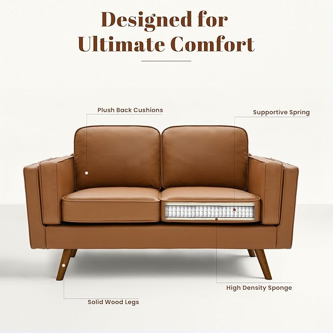 Kingfun Modern Loveseat Sofa for Living RoomFaux Leather Loveseat Dual-Layer Armrests Removable Cover Spring Cushions Solid Wood Frame Easy Assembly for Small Spaces (62.2inchLight Brown)
