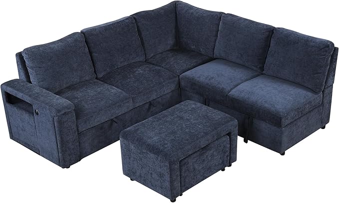 L-shaped Oversized Modular Padded Cloud Sectional Fabric Sofa Set with Pull Out Bed Convertible Sectional Couches with Storage Space USB Ports and Cup Holders for Living Room Office Blue