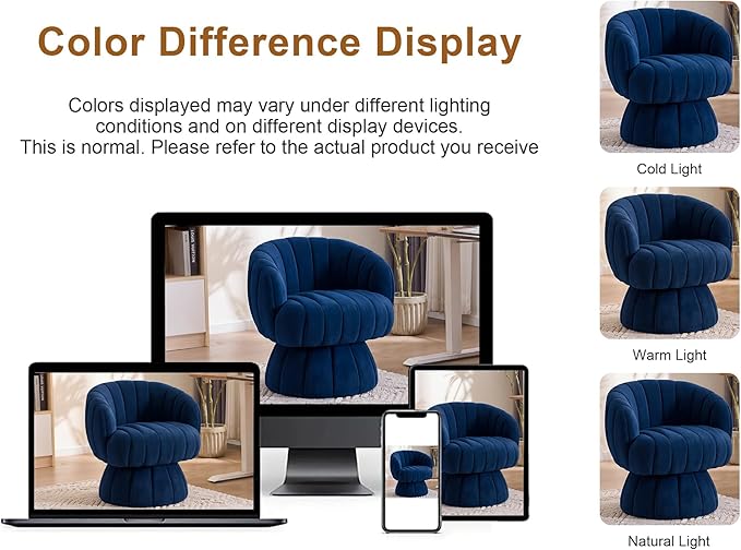 Mid Century Modern 360 Degree Barrel Swivel Accent Sofa ChairFluffy Velvet Fabric Lounge Wide Upholstered Pumpkin Reading Chair Round Cloud Armchair for Living RoomBedroomVanity(Navy Blue)