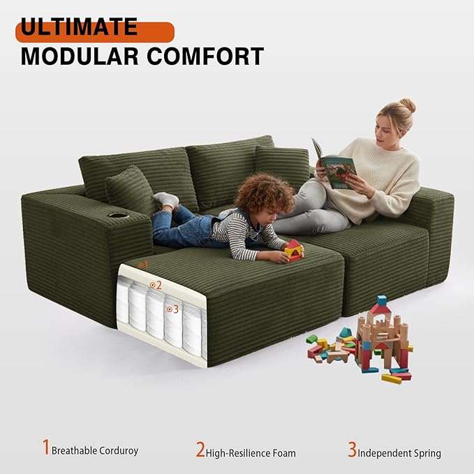 110 Boneless Couch in A Box Convertible L Shaped Modular Sectional Sofa Set with Deep Seat Corduroy Cloud Couch Sectional Couches for Living Room No Assembly Required(3 Seat+ 1 OttomanGreen)