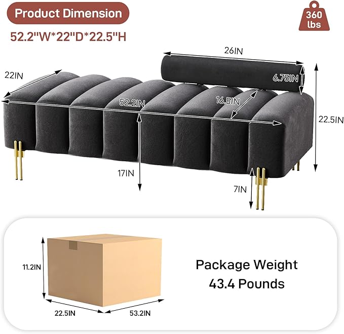 Small Loveseat Sofa Couch 52.2 Upholstered Velvet Mini Couch with Golden Legs Channel Tufted 2 Seat Sofa Bench Adjustable Back for Living Room Bedroom Office Black