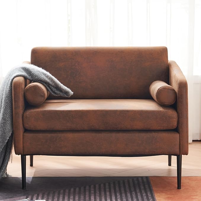 Karl home Mid-Century Club Chair 38.2 Living Room Sofa Oversized Bronzing Cloth Upholstered Accent Chair with Metal Legs for Living Room Bedroom Balcony Apartment Office Brown
