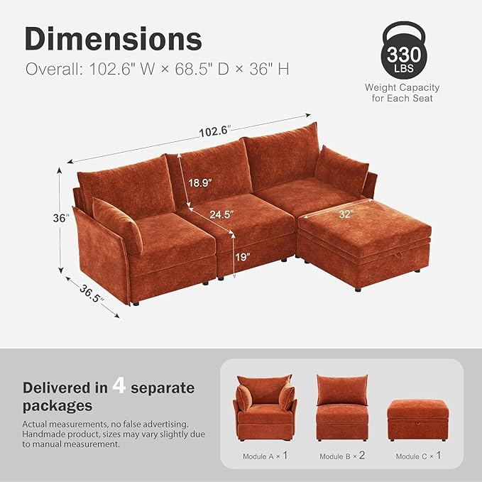 ABCASA L-Shaped 4-Seater Modular Sectional Sofa with Movable Storage Ottoman Comfy Cloud Couch Set in Terracotta Orange Chenille for Living Room