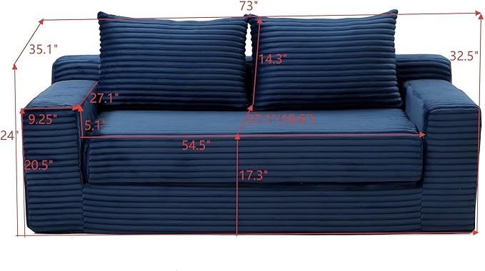 73 Convertible Sofa Bed 2 in 1 Corduroy Folding Couch with Pillows No Assembly Boneless Compression Sofa in Box Loveseat with Side Storage Pocket for Apartment Living Room Blue