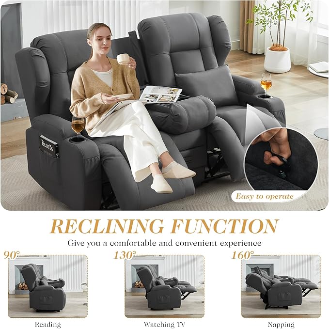 Loveseat Recliner SofaRV Wall Hugger Recliners for Small SpacesReclining Loveseat Sofa Recliner with Cup Holders/Lumbar PillowsRV Furniture (Dark Gray Loveseat with Flip-up Console)