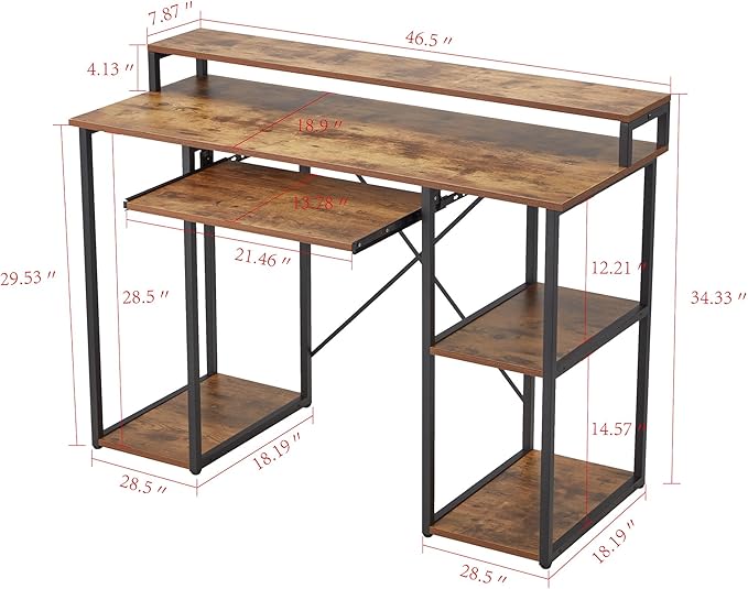 JOMEED Modern 46.5 Inch Computer Desk with Monitor Stand and Storage Shelves for Home Office Spaces Bedrooms or Student Dorms Brown/Black