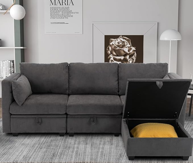 asunflower Modular Sectional Small Couch with Storage Seats 3 Seater Couch with Ottoman Storage L Shaped Sectional Sofa for Small Spaces with Reclining Arms and BacksPillows Included Dark Gray