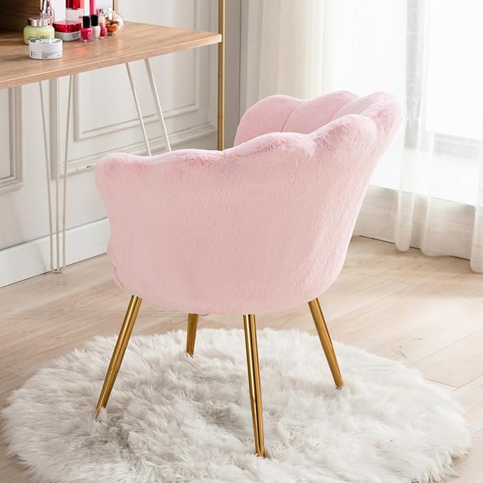 chairus Pink Makeup Vanity Chair with Back Modern Faux Fur Upholstered Small Accent Chair with Gold Metal Legs Cute Shell Shaped Vanity Stool Desk Chair for Living Room Bedroom Dressing Room