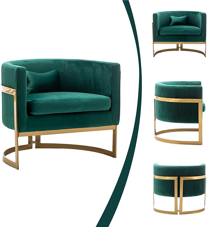 Velvet Accent Chair Green Modern Upholstered Barrel Chair Wide Arm Chairs for Living Room Bedroom Club Side Chairs with Gold Legs