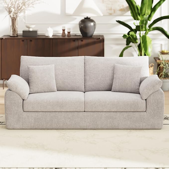 90 Boneless Loveseat Sofa Cloud Foam Couch 3 Seater Upholstered Midcentury Mondern Love Seat Wide Armrest and 4 Pillows for Home Living Room/Small Spaces No Assembly Required Camel