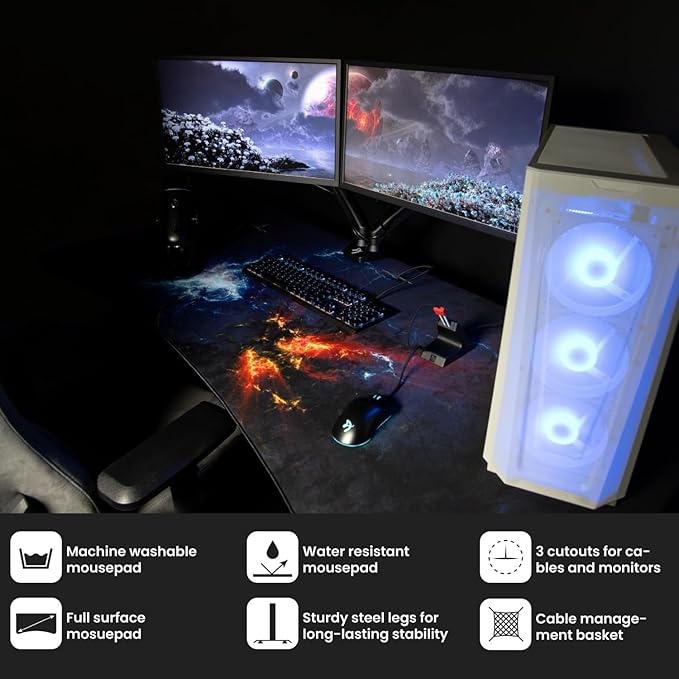 Arozzi Arena Special Edition Ultrawide Curved Gaming and Office Desk with Full Surface Water Resistant Desk Mat Custom Monitor Mount Cable Management Cut Outs - Omega
