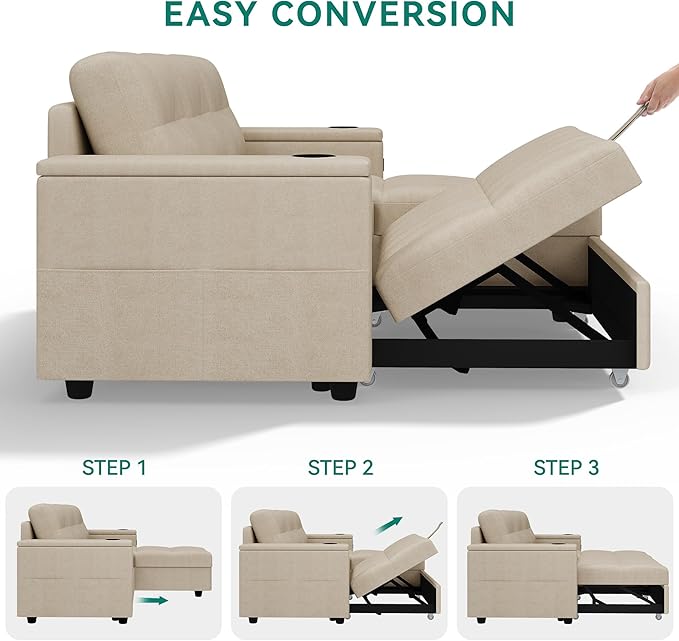 YITAHOME Sleeper Sofa L-Shaped Sofa Couch Bed with Storage Chaise &amp USB Reversible Sleeper with Pull Out Bed 4-Seat Fabric Convertible Sofa 2-in-1 Pull Out for Living Room Beige
