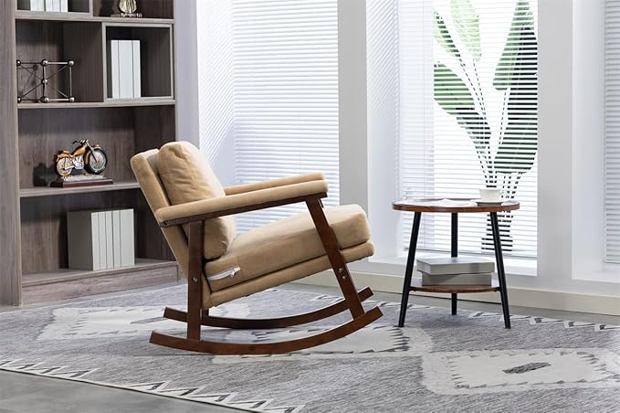 ZeHuoGe Mid Century Modern Accent Chair Rocking Chair with Wood Frame Upholstered Living Room Chairs Reading Armchair for Bedroom Sunroom (Khaki)