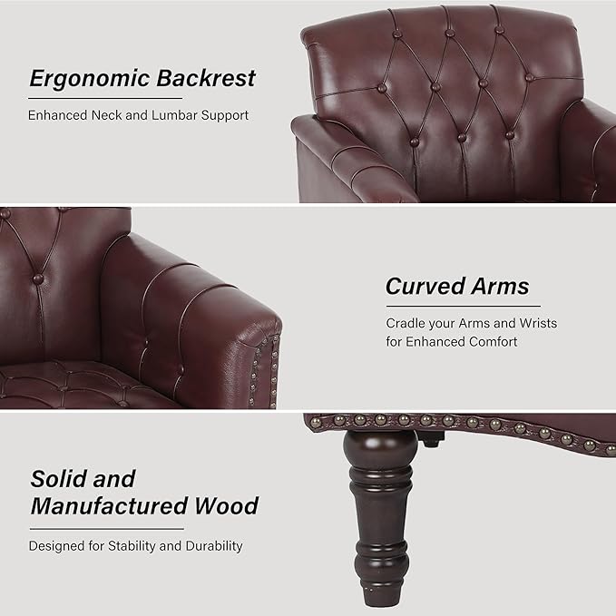 Faux Leather Accent Chair PU Leather Modern Comfy Upholstered Armchair with Wood Legs &amp Nailhead Trim for Living Room Bedroom (RedSet of 2)