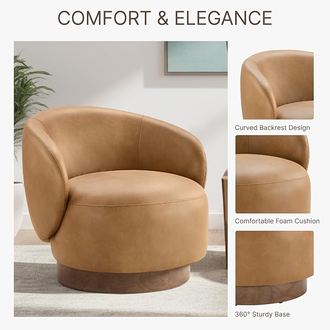 Swivel Accent Chair Modern Round Barrel Armchair with Upholstered Faux Leather for Living Room Bedroom Waitingroom1 BoxBrown