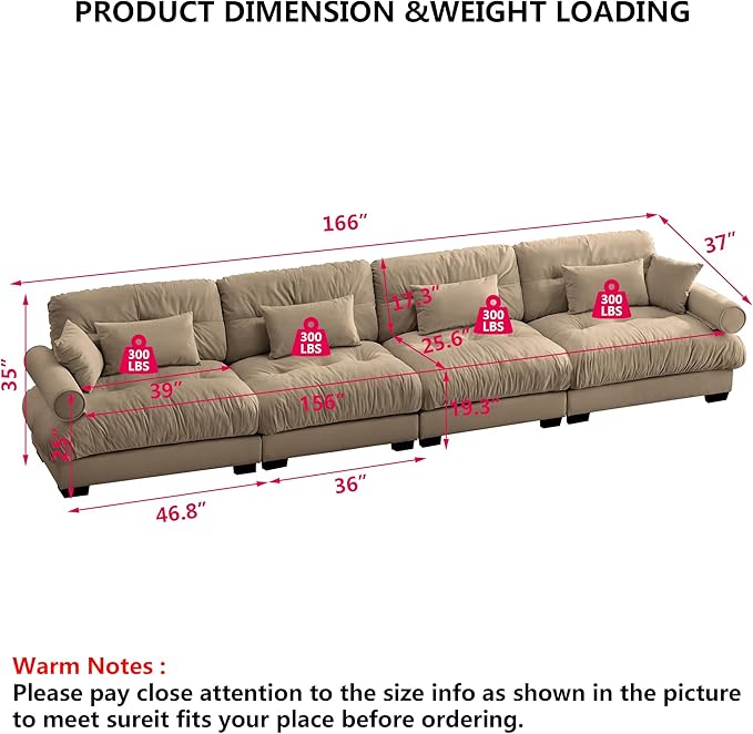 Aoowow Oversized 4 Seater Cloud Sofa Couch for Living RoomFluffy Velvet 4 Seat Cloud Couches with Deep SeatLarge Modular Sectional Sleeper Sofas with PillowsTufted(Velvet Camel 4 Seater)