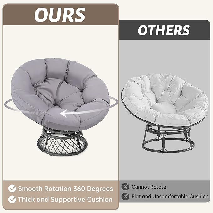 46 Giant Oversized Rattan Papasan Chair with Cushion and Frame for Adults Fluid 360° Swivel Waterproof Grey Frame with Light Grey Cushion