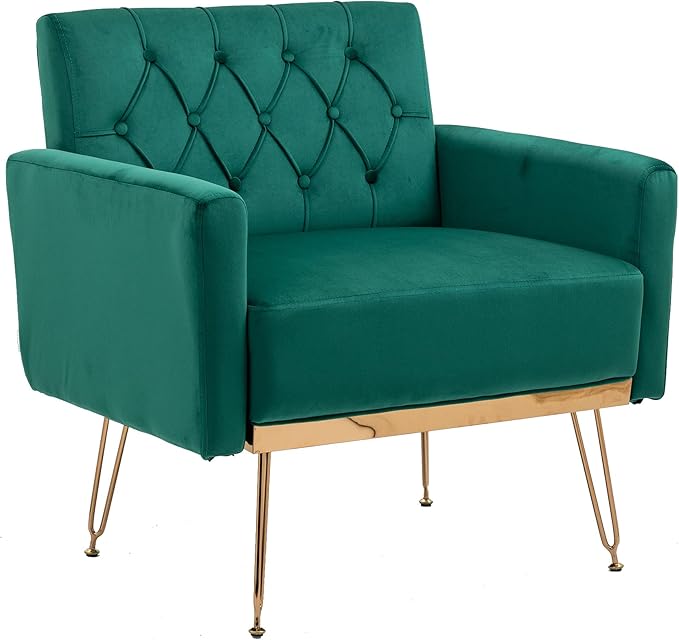 Velvet Accent Chair Upholstered Living Room Accent Armchair Leisure Single Chairs with Rose Golden feet Tufted Sofa Chairs for Home Office Living Room Bedroom Small Space (Green)