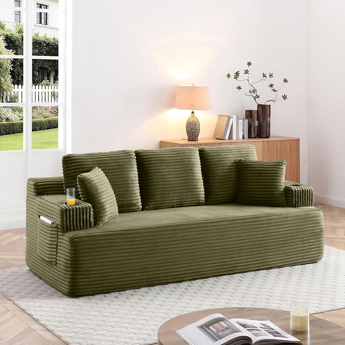 3-Seater Sofa Cloud Boneless Couch Corduroy Upholstered Deep Seat Beanbag Sofa Chair with Cup Holder &ampSide Pocket Modern Comfy Compression Memory Foam Couch for Living Room Bedroom(86.2 W Gre