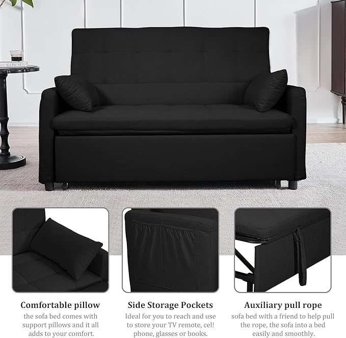 Oversized 3-in-1 Convertible Sleeper Sofa Bed Futon Couch with Pullout Bed 2-Seater Loveseat Sofa w/Pockets Adjustable Backrest and Pillows for Living Room Apartment (Black-Button Tufted)