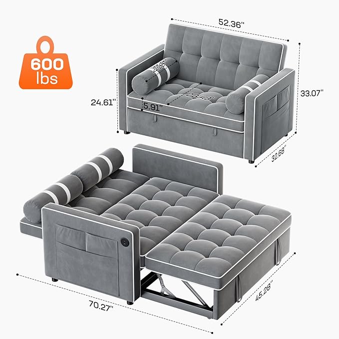 Amada 3 in 1 Convertible Sleeper Sofa Bed Futon Couches for Living Room with USB Ports &amp Side Pockets Adjustable Backrest Velvet Fabric Pull Out Couch Loveseat Sectional Sofa Bed(Grey)